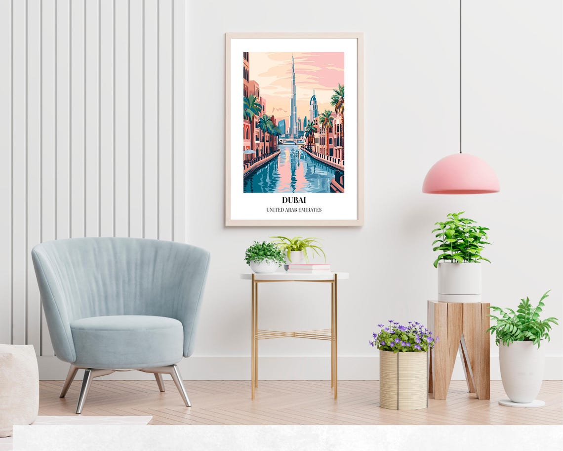 Dubai UAE Burj Khalifa Canal Sunrise Palm Trees Pink Travel Poster - Image 2