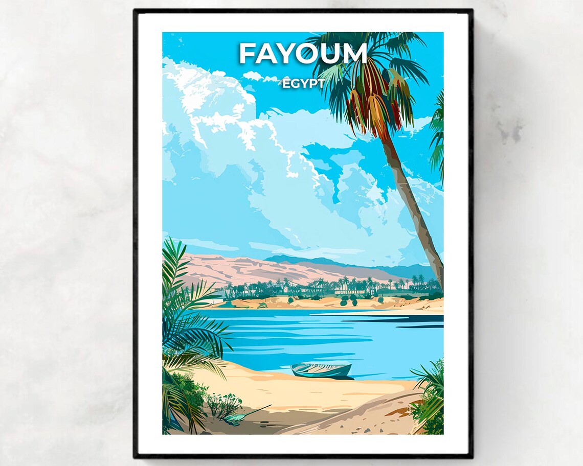 Fayoum Egypt Lake Shore Palm Beach Wooden Boat Scene Travel Poster