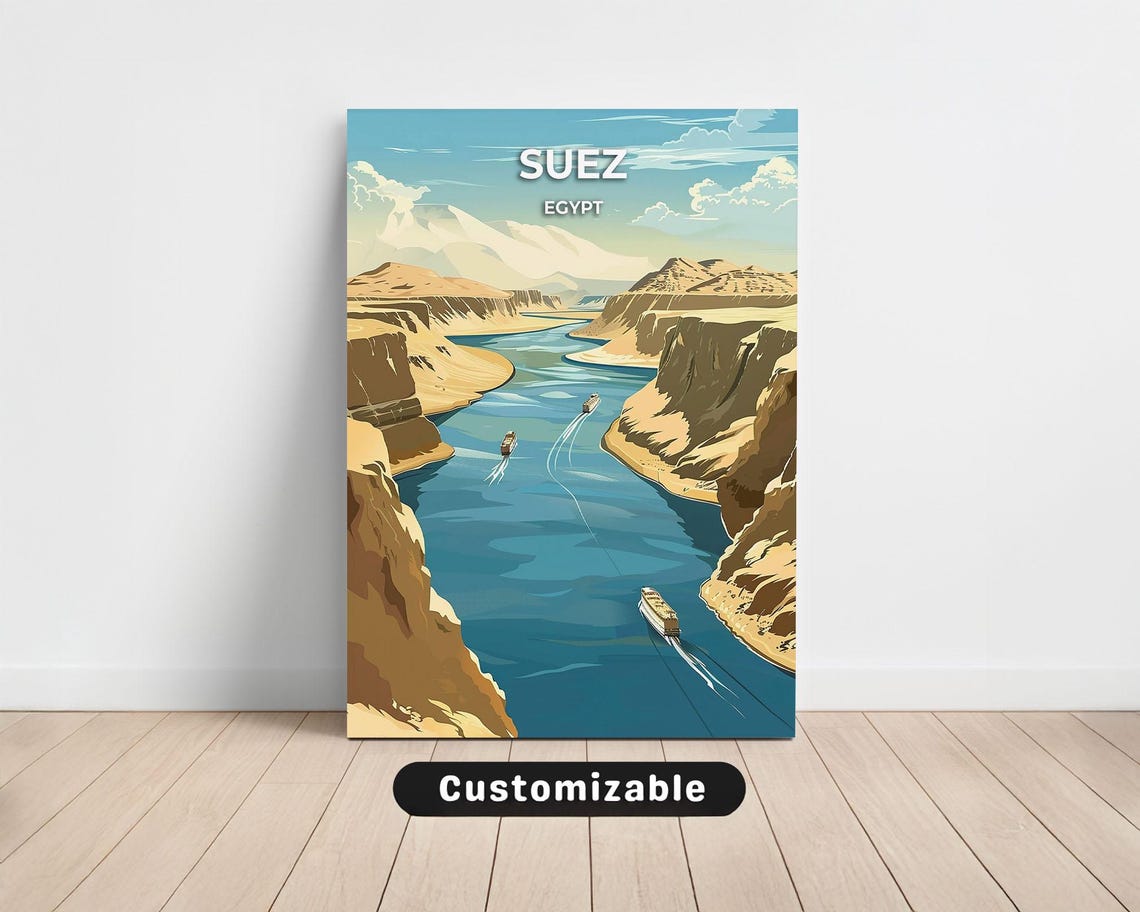 Suez Egypt Vintage Travel Poster With Ships Through Desert Cliffs