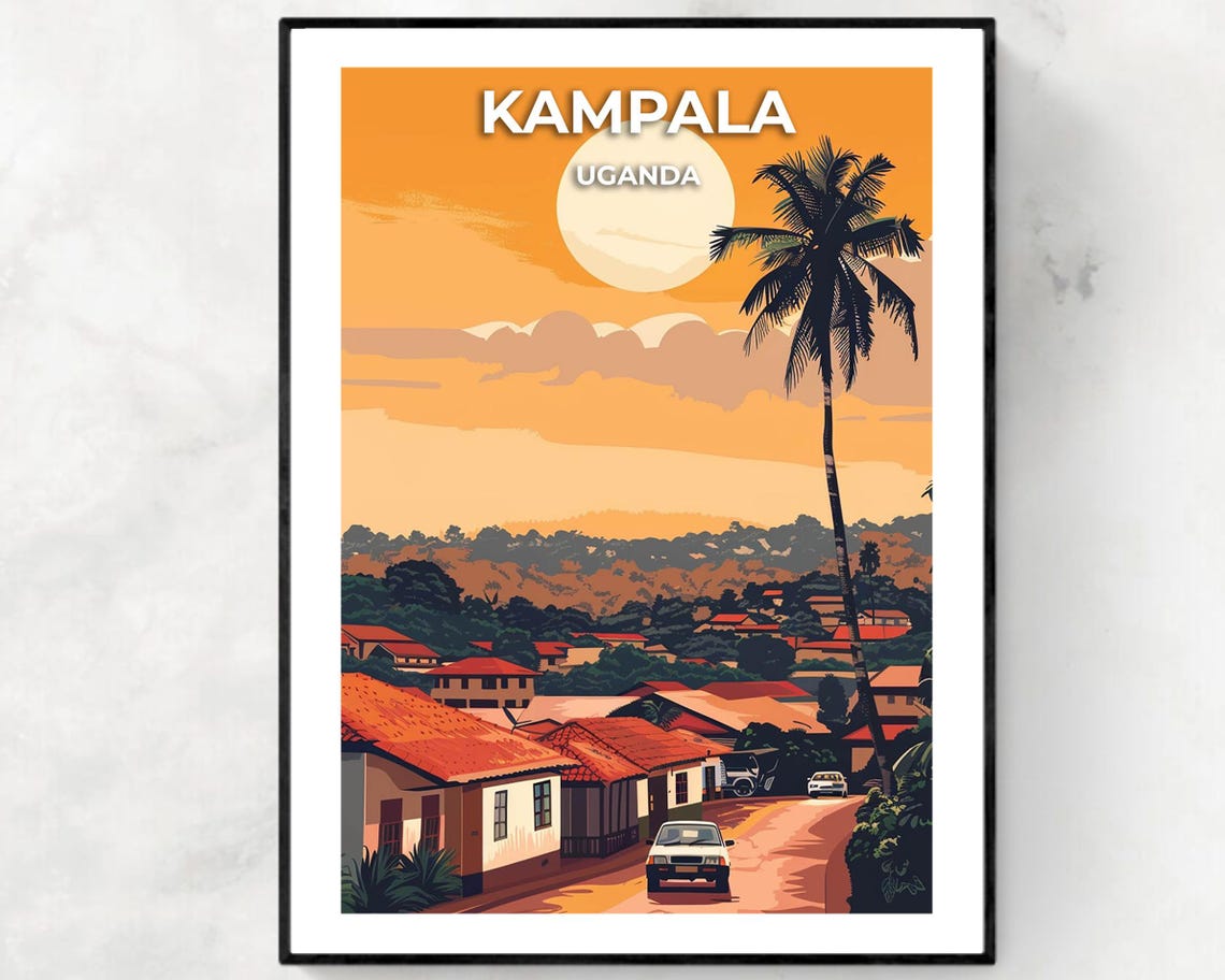 Kampala Uganda Orange Sunset Village Street Retro Scenic Travel Poster