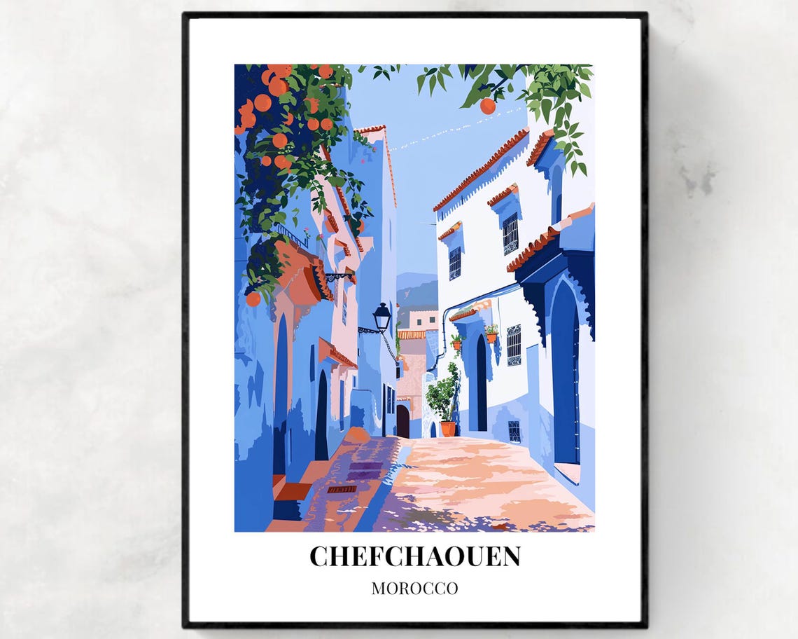 Chefchaouen Morocco Orange Trees Blue Medina Alley Travel Poster