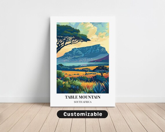 Table Mountain South Africa Acacia Savanna Colorful Travel Art Poster