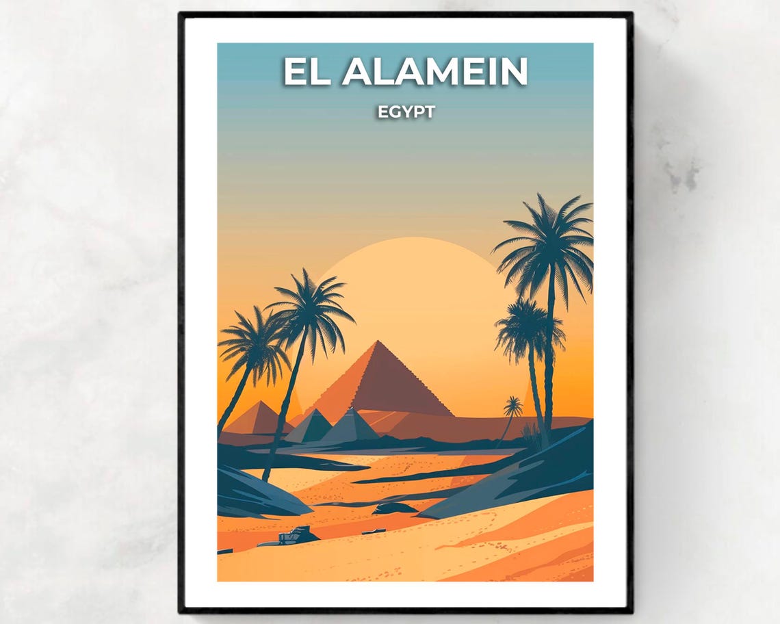 El Alamein Egypt Desert Pyramid Palms Orange Sunset Sky Travel Poster
