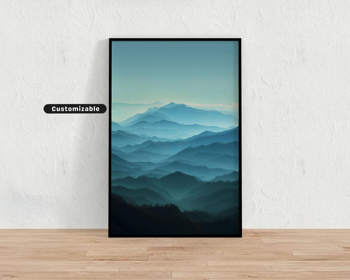 Blue Green Layered Mountain Silhouette Misty Gradient Poster