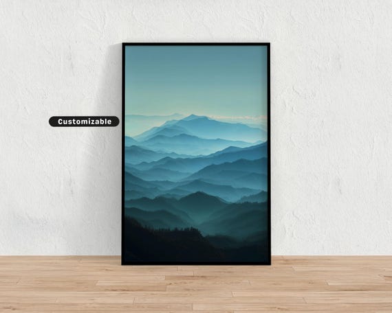 Faded Blue And Green Mountain Silhouette With Layered Mist Neutral Wall Art Print Minimalist Modern Decor