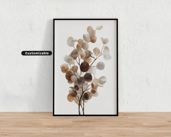Eucalyptus Branch With Round Leaves In Neutral Palette On White Minimal Botanical Wall Art Nature Print