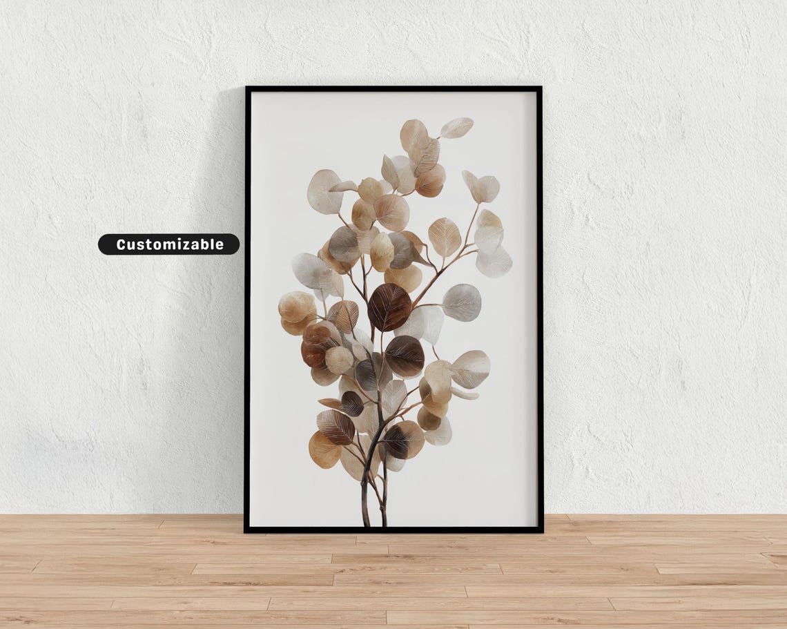 Eucalyptus Branch With Round Leaves In Neutral Palette On White Minimal Botanical Wall Art Nature Print