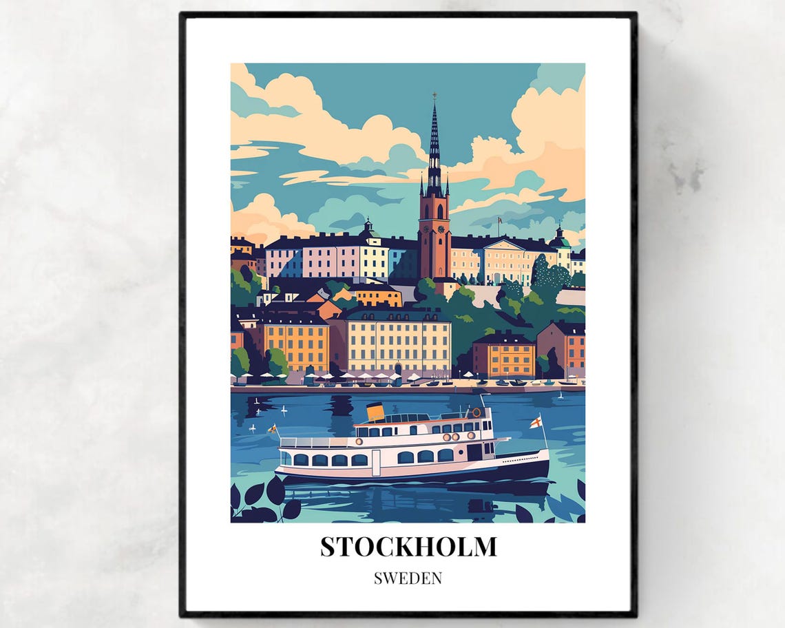 Stockholm Daytime Waterfront with Classic Steamer Sweden Poster