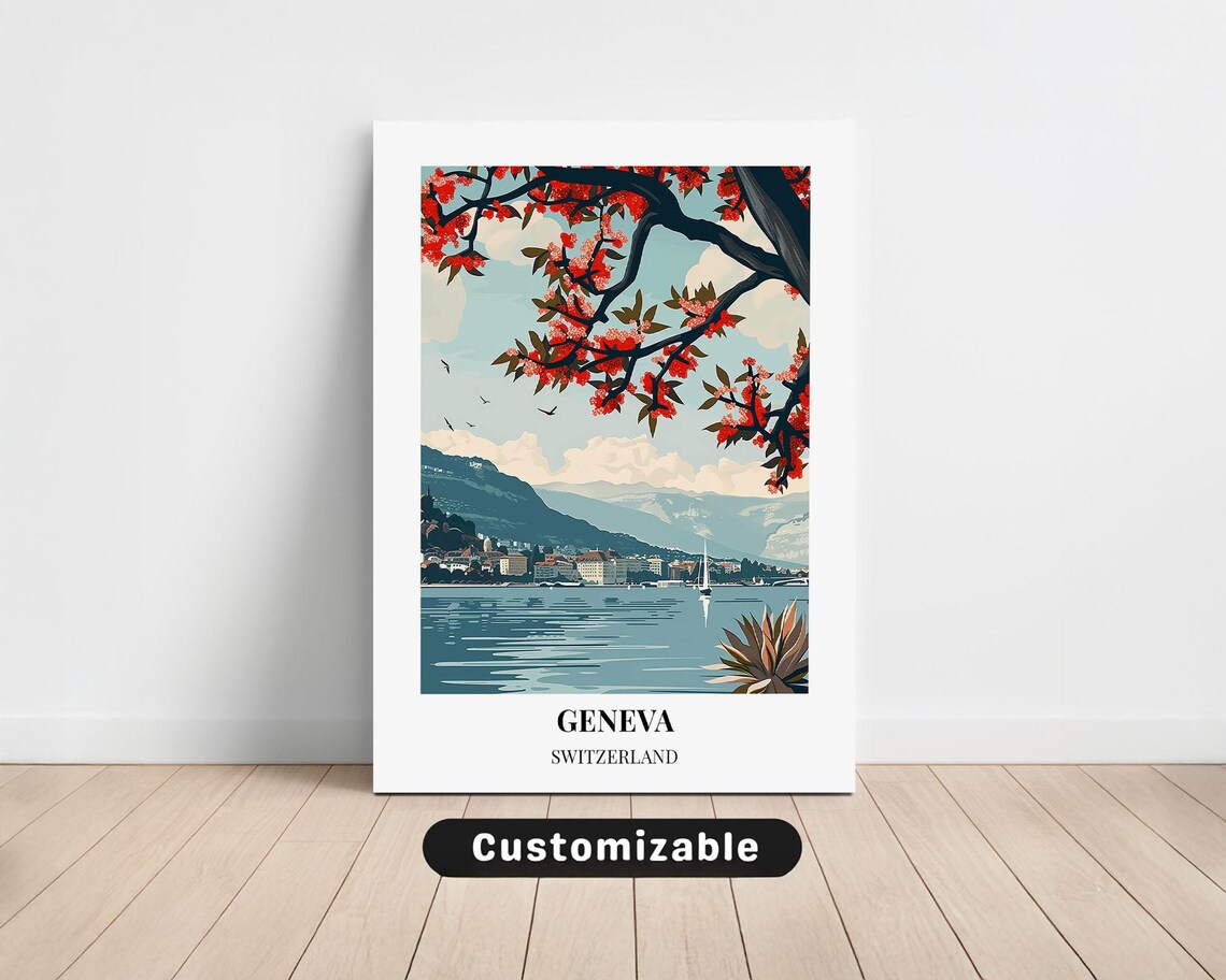 Geneva Switzerland Vintage Travel Poster Lake Mountains Spring Art
