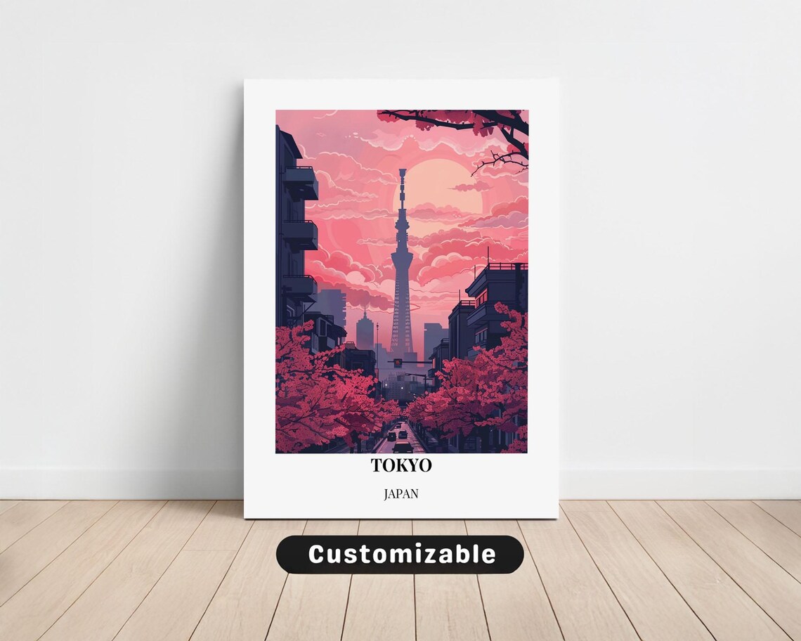 Tokyo Japan Cherry Blossom Street Skytree Anime Scene Poster