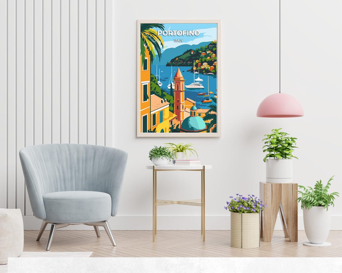 Portofino Harbor With Bell Tower and Yachts Italy Travel Poster - Image 2