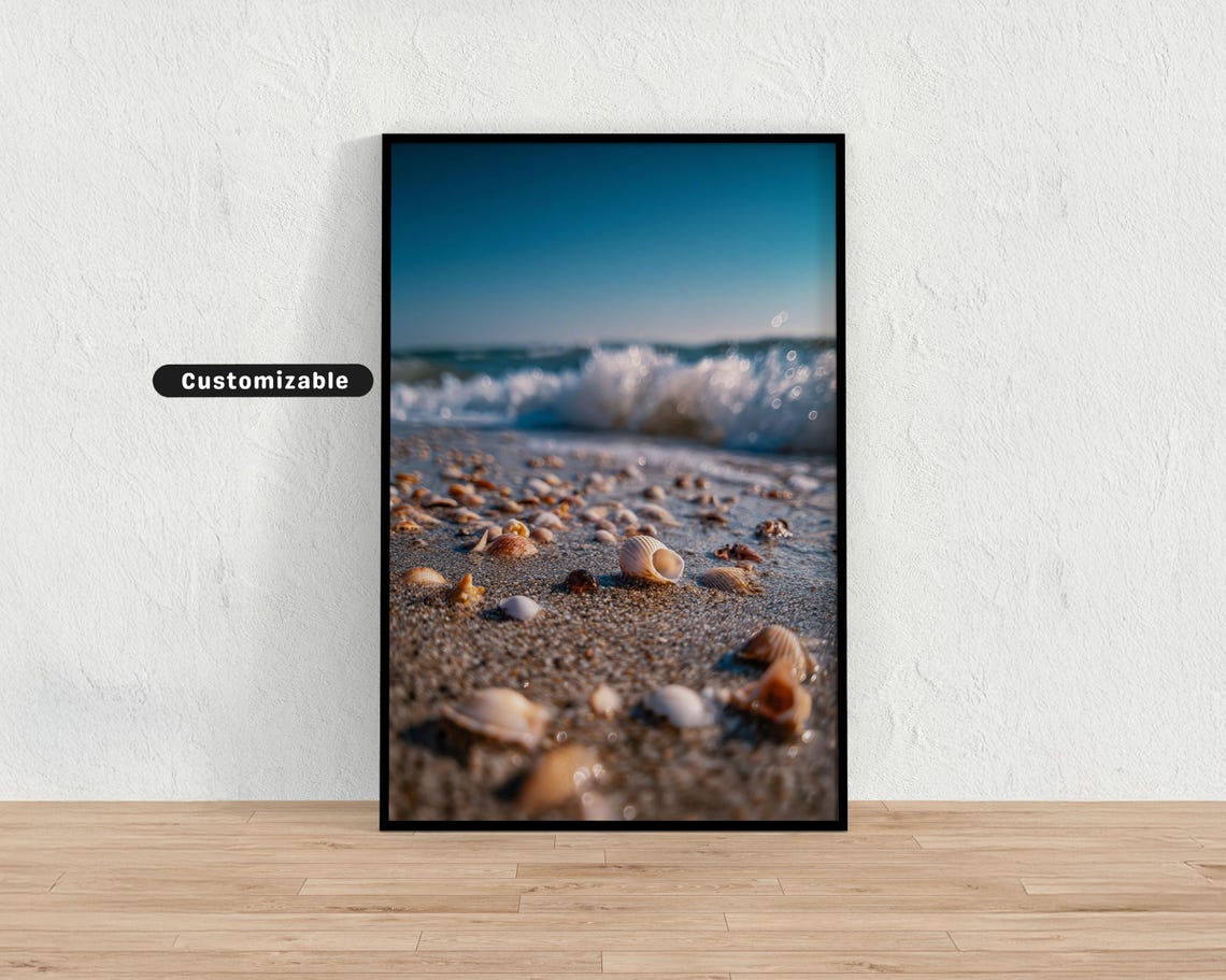 Seashells on Wet Sand Ocean Wave Coastal Photography Wall Art