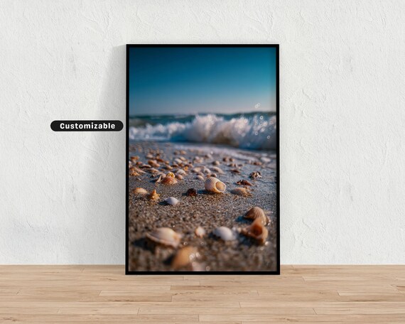 Seashells on Wet Sand Ocean Wave Coastal Photography Wall Art