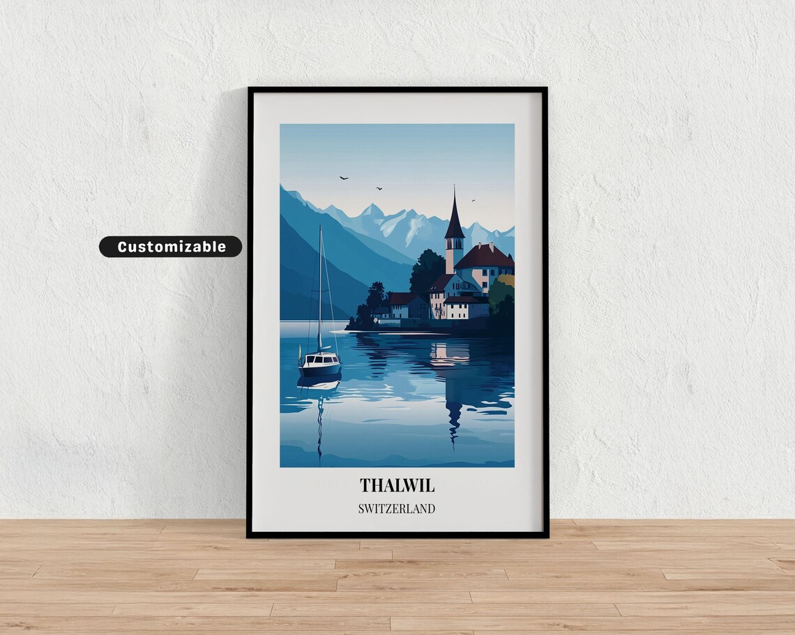 Thalwil Switzerland Travel Poster Sailboat Lake Church Alpine Retro