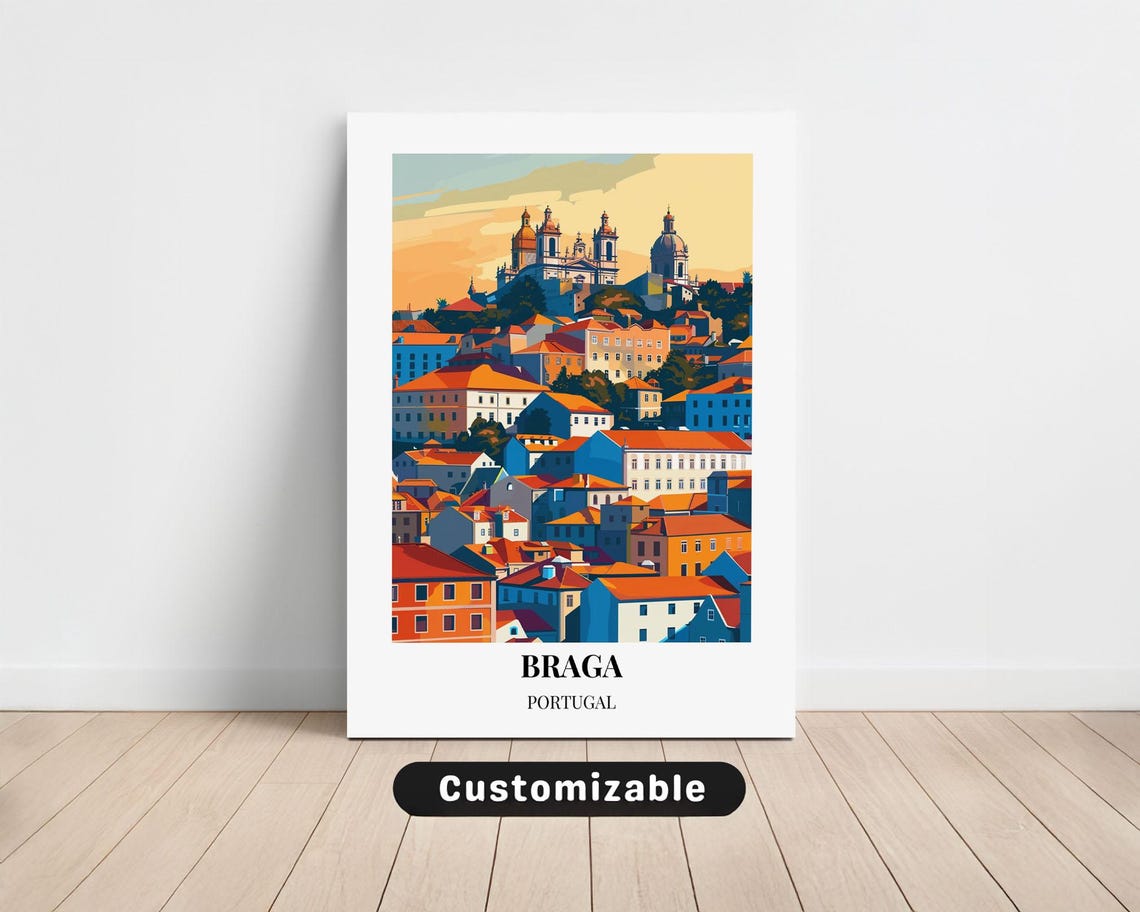 Braga Portugal Sunset Hillside City Vintage Travel Poster Artwork
