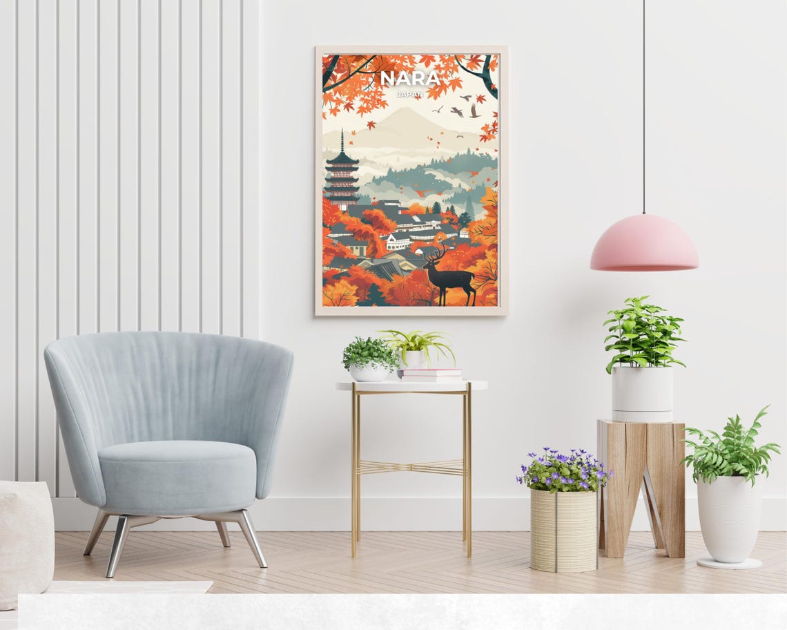 Nara Japan Autumn Pagoda Deer Maple Fall Foliage Travel Poster - Image 2