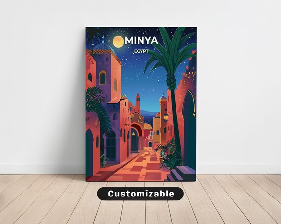 Minya Egypt Moonlit Old Street Palms Starry Night Travel Poster