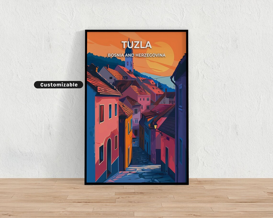 Tuzla Bosnia And Herzegovina Travel Poster Sunset Old Town Street Art