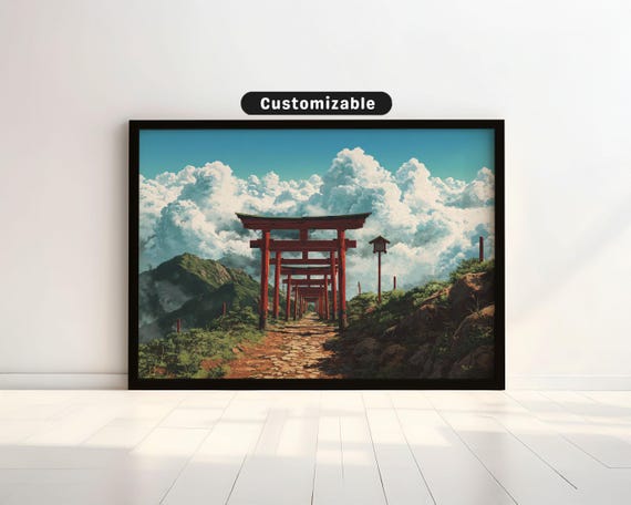 Mountain Pass Lined With Torii Gates And Soft Cloud Cover Japanese Wall Art Print Zen Asian Decor