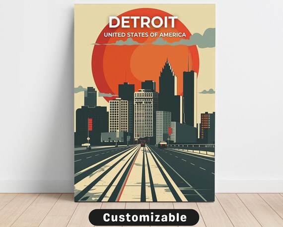 Detroit Skyline Bold Red Sunset Retro Vintage Travel Wall Poster