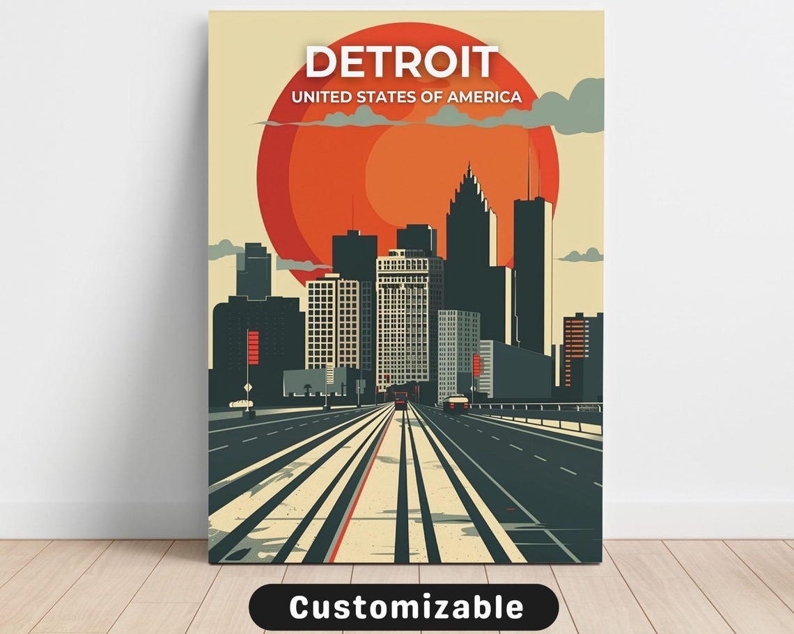 Detroit Skyline Bold Red Sunset Retro Vintage Travel Wall Poster