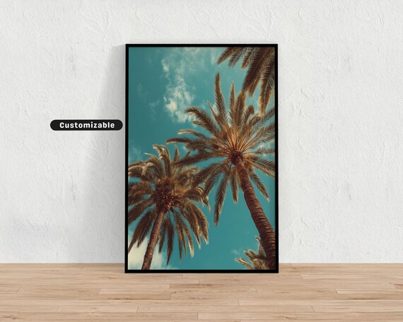 Sunlit Palm Trees Retro Sky Tropical Coastal Photography Poster
