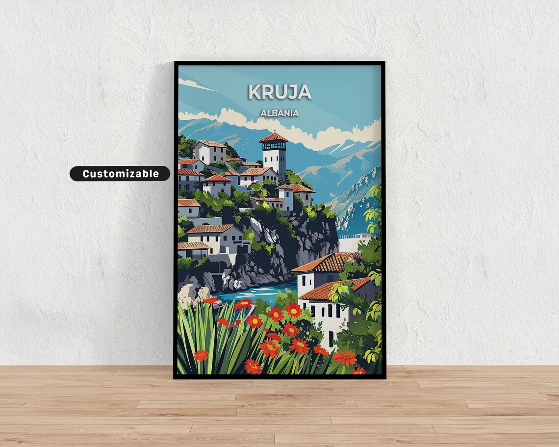 Kruja Albania Castle Town Hilltop Red Flowers Custom Travel Poster