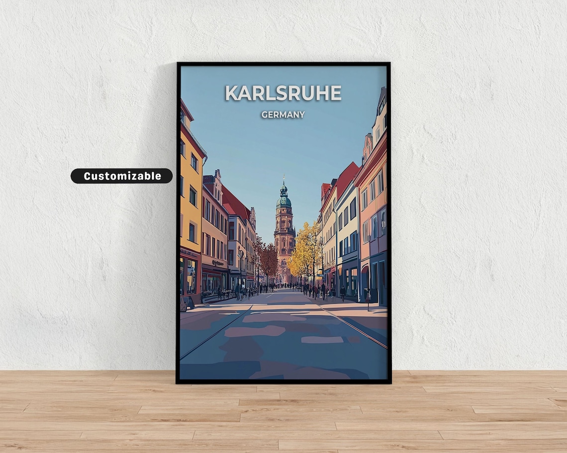 Karlsruhe Germany Shopping Street Tower Sunny Modern Travel Poster