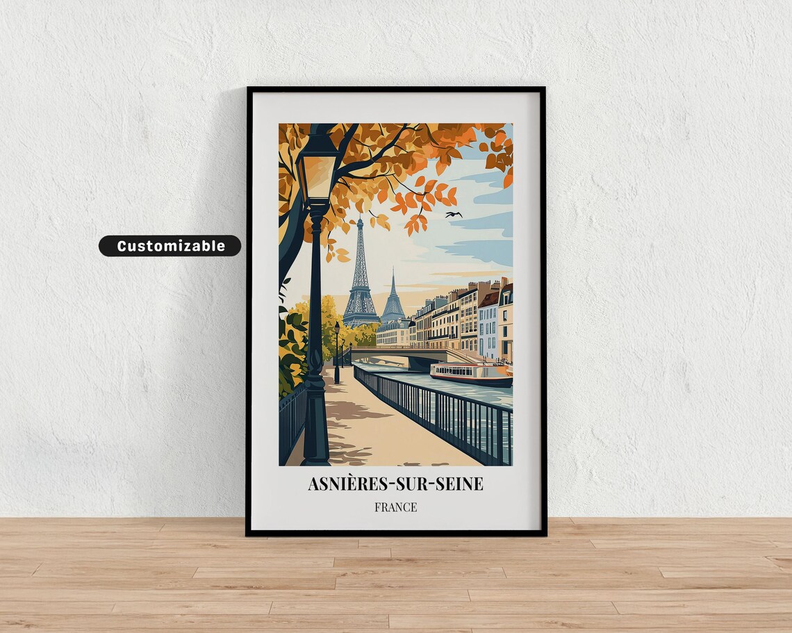 Asnieres Sur Seine France Eiffel Tower Autumn Riverside Travel Poster