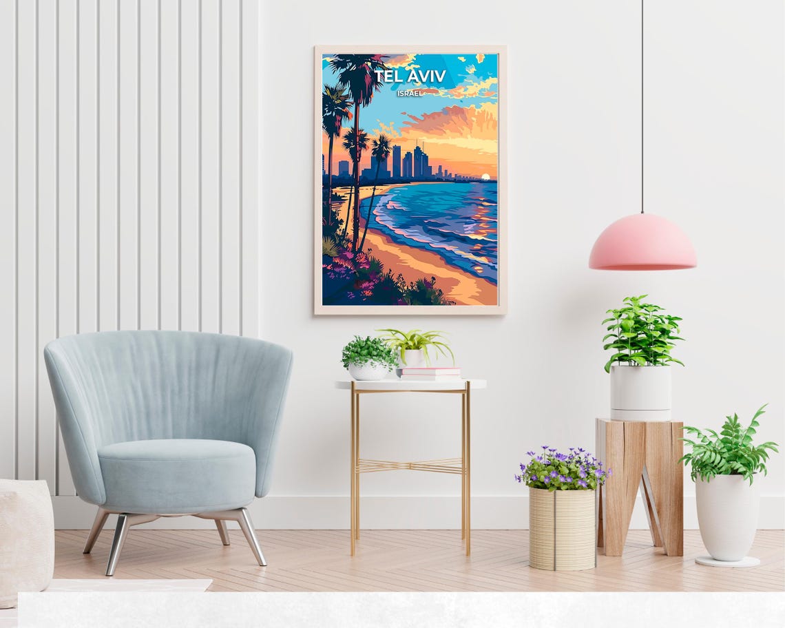 Tel Aviv Israel Beach Daytime Skyline Palm Trees Waves Travel Poster - Image 2