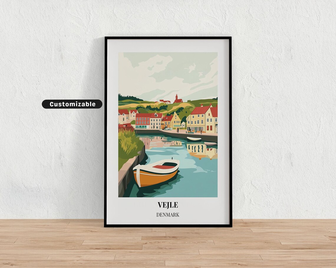 Vejle Denmark Harbor Town Hill Church Boat Scene Travel Poster