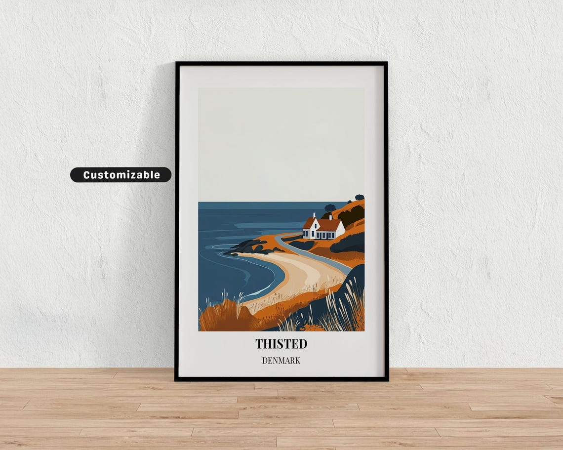 Thisted Denmark Minimalist Coastal Cottage Beach Travel Poster