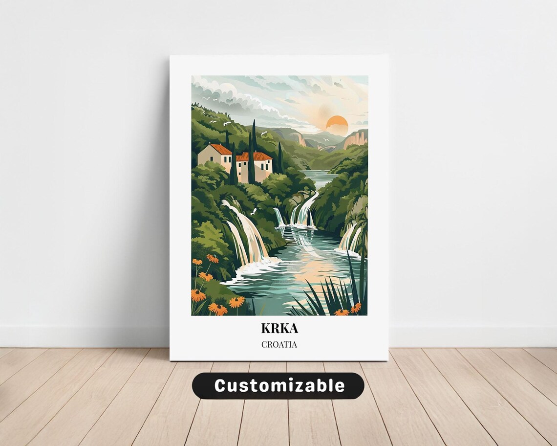 Beautiful Krka Waterfalls Croatia Sunset Vintage Travel Poster