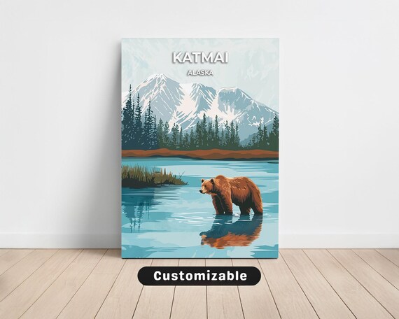Katmai Alaska Brown Bear Lake Snowy Mountains Vintage Travel Poster