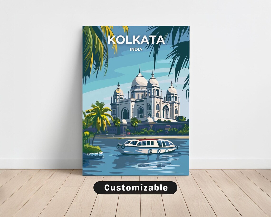 Kolkata India Victoria Memorial Palace Boat River Travel Poster Art