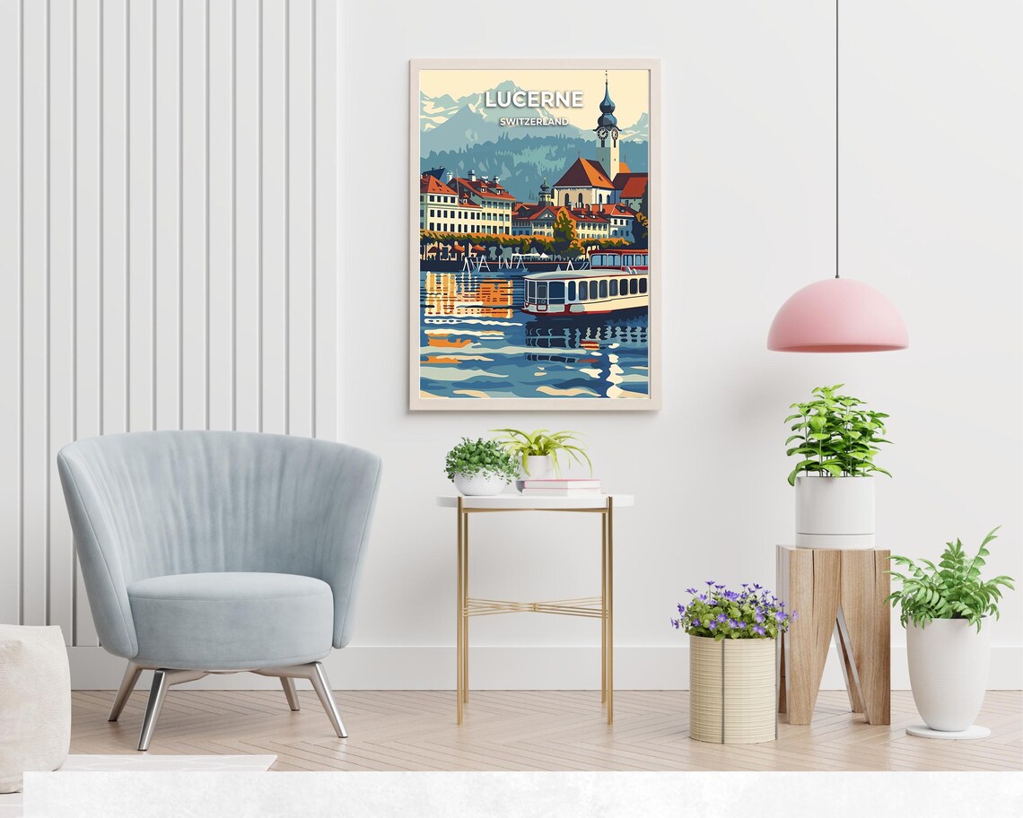 Lucerne Switzerland Lakefront Boat Old Town Scenic Travel Poster - Image 2