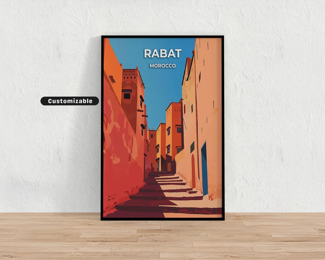 Rabat Morocco Red Alley Steps Blue Sky Vintage Travel Poster