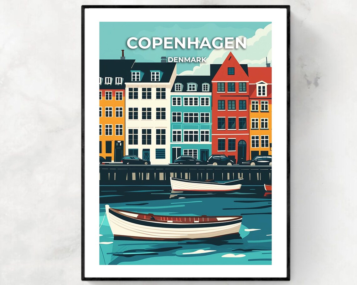 Copenhagen Denmark Colorful Harbor Houses Boats Travel Poster