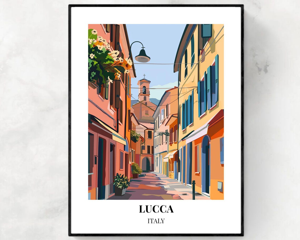 Lucca Italy Charming Old Street Church Tower Stone Facade Poster