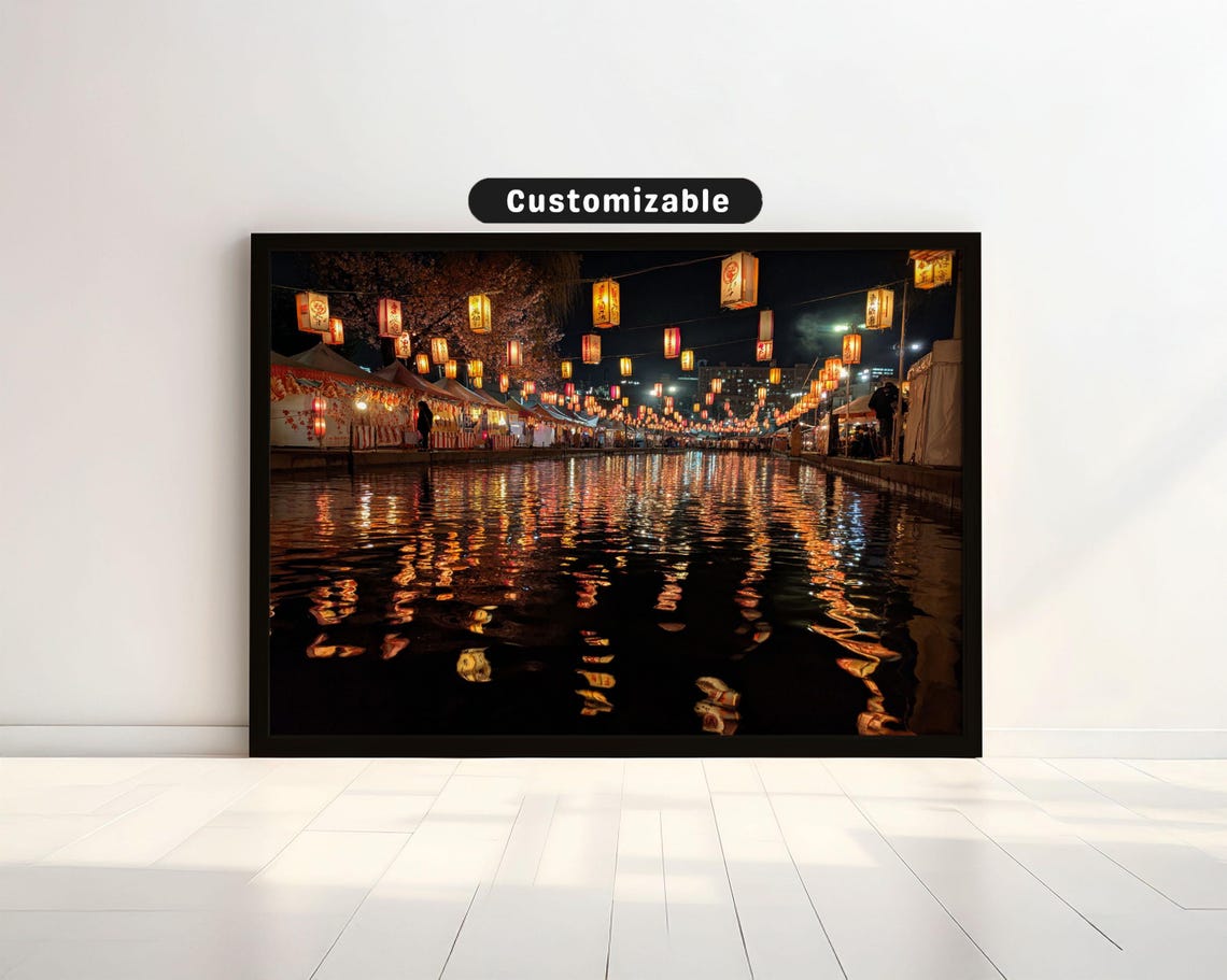 Lanterns Reflecting In Water During Japanese Night Market Wall Art Print Zen Asian Decor