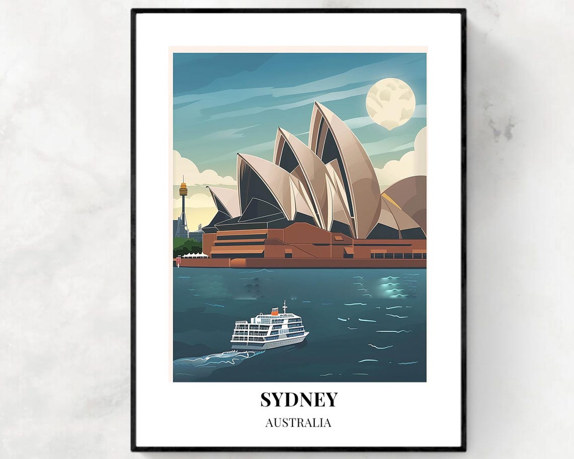 Sydney Opera House Moonlit Harbour Ferry Night Travel Poster