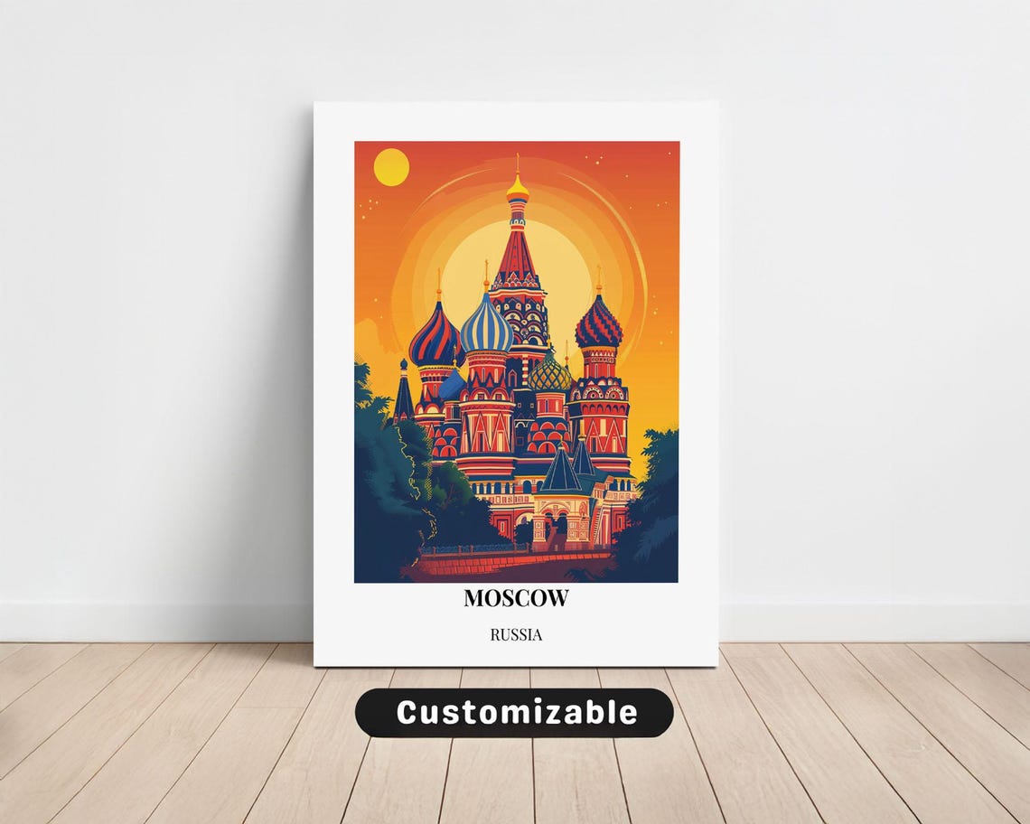 Moscow Russia Saint Basil Cathedral Sunset Travel Illustration Poster