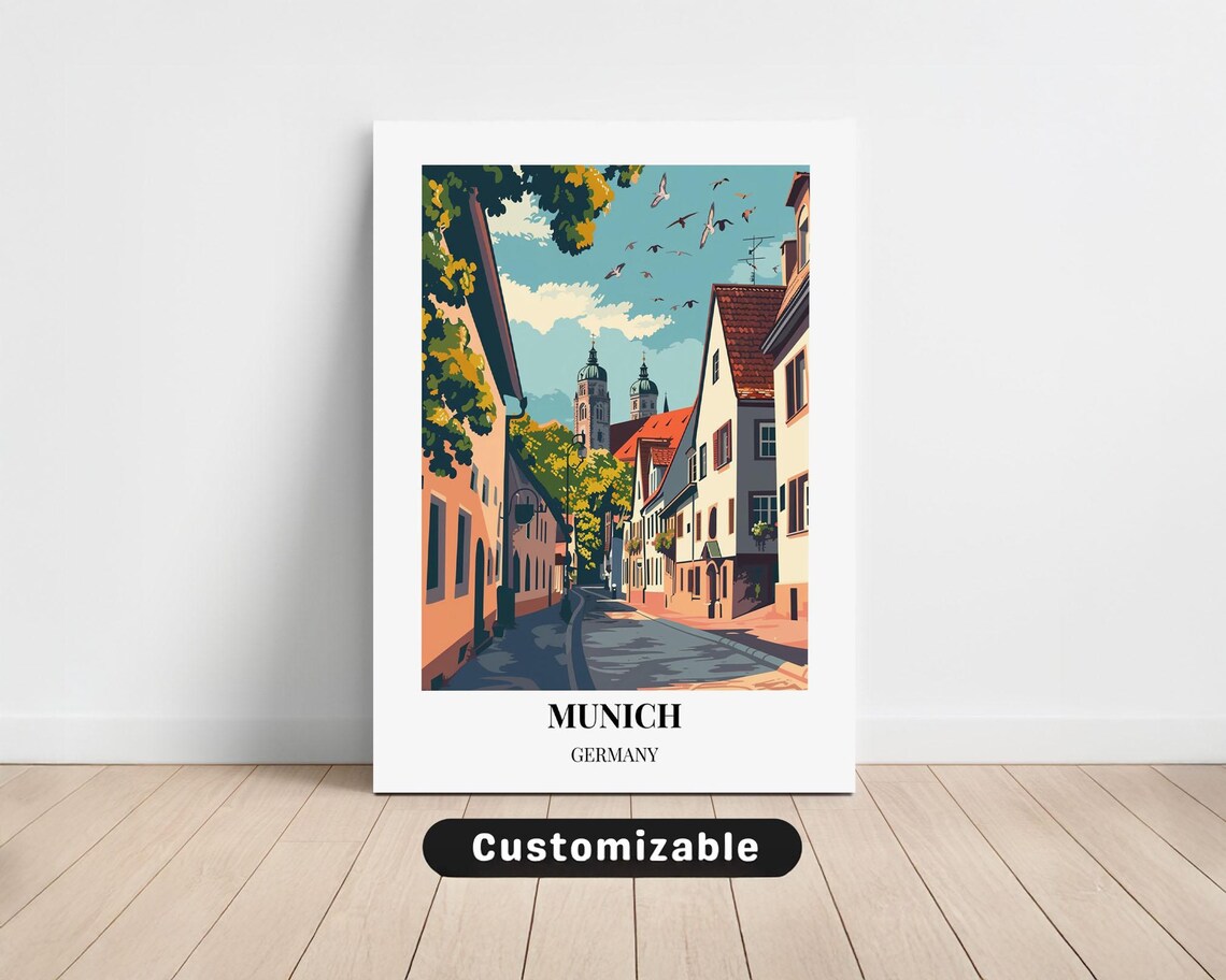 Munich Germany Old Town Street Twin Domes Vintage Travel Poster