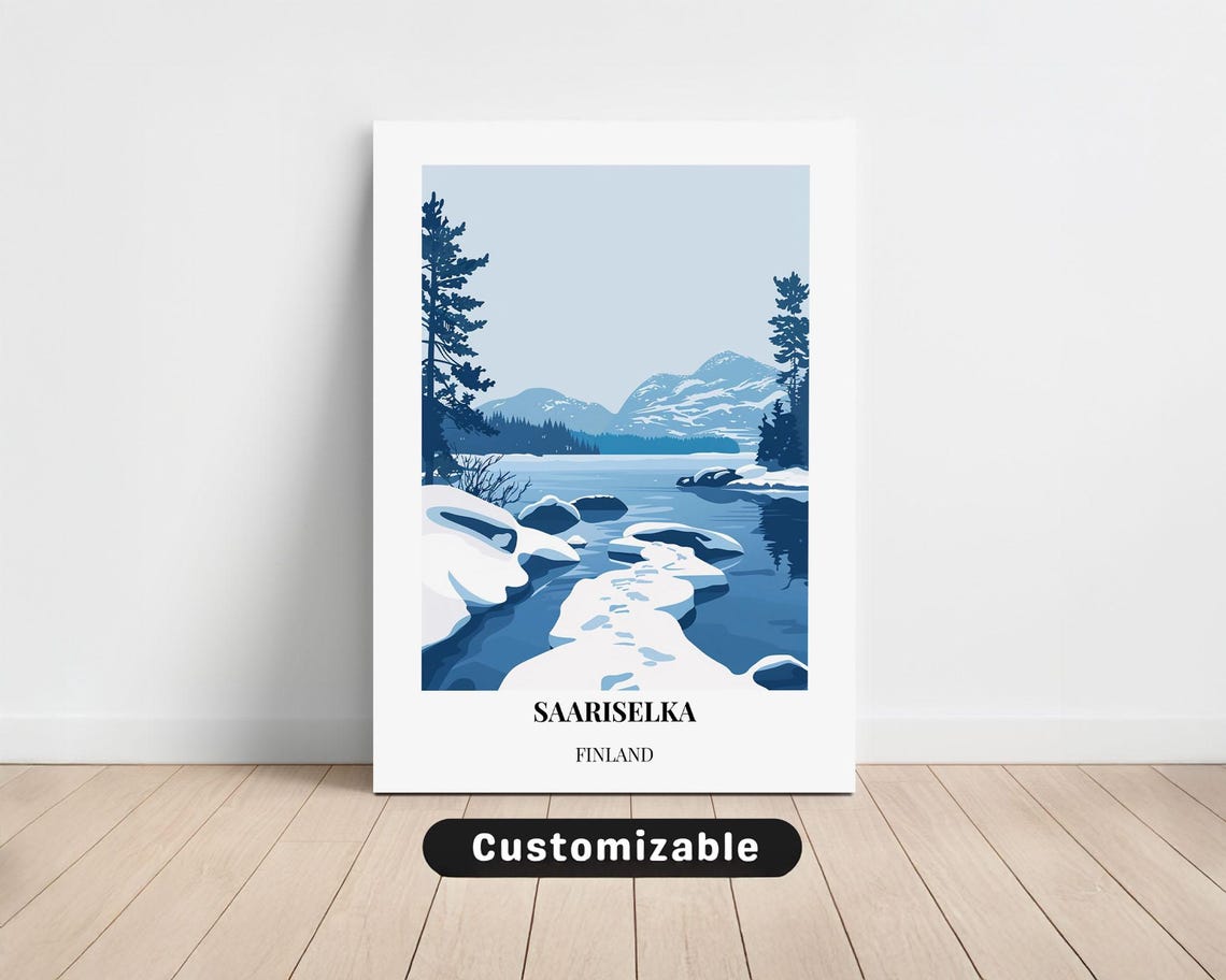 Saariselka Finland Travel Poster Snowy Blue Lake Mountains Winter Art