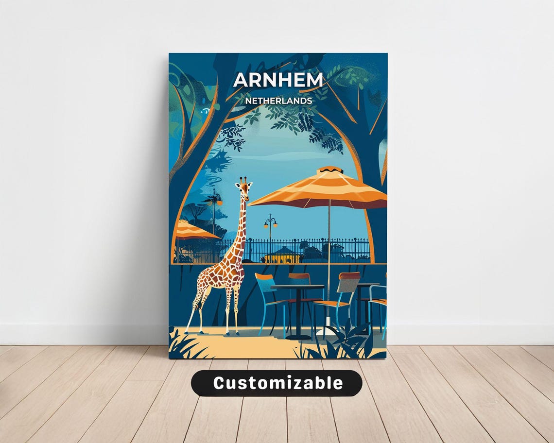 Arnhem Netherlands Giraffe Cafe Terrace Night Illustration Poster