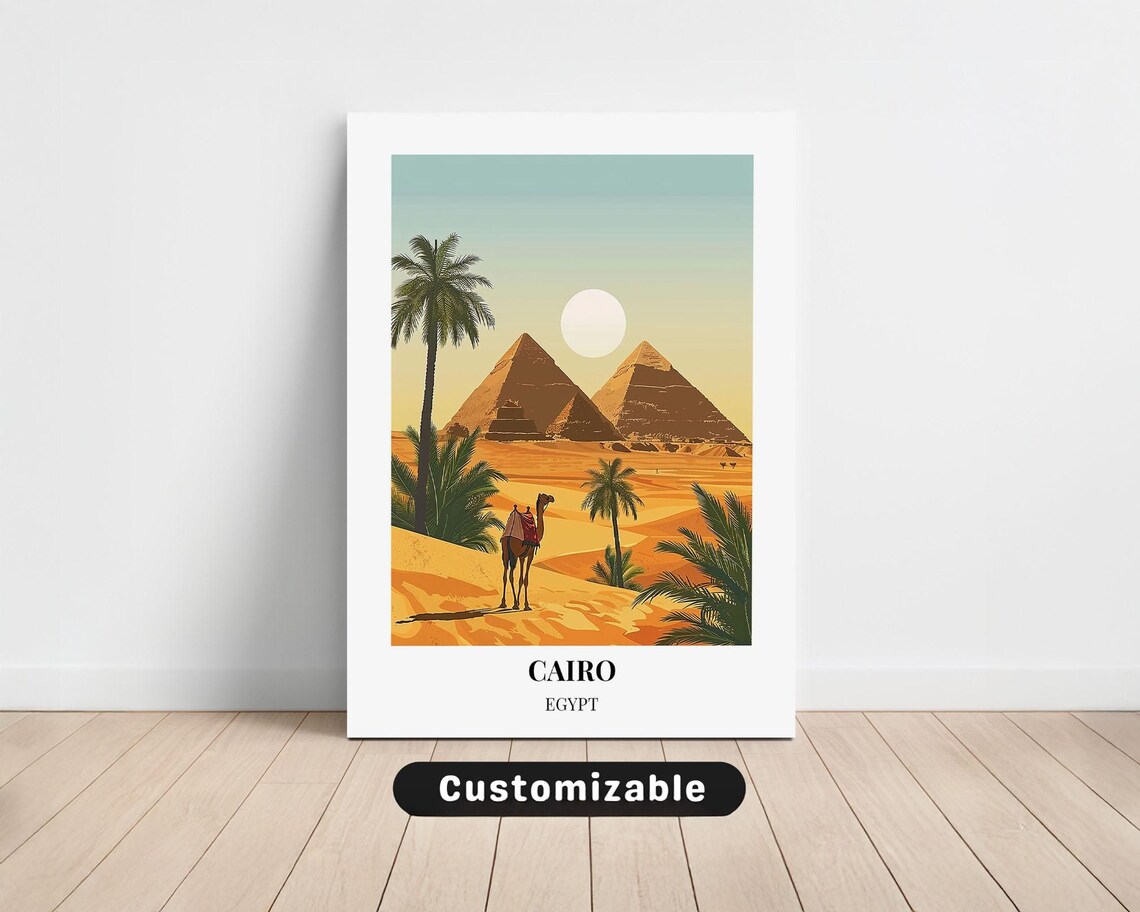Cairo Egypt Travel Poster with Giza Pyramids Camel and Desert Sunset View