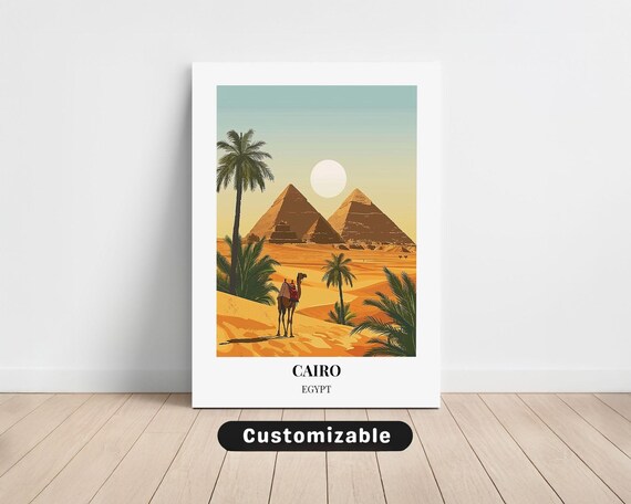 Cairo Egypt Travel Poster with Giza Pyramids Camel and Desert Sunset View