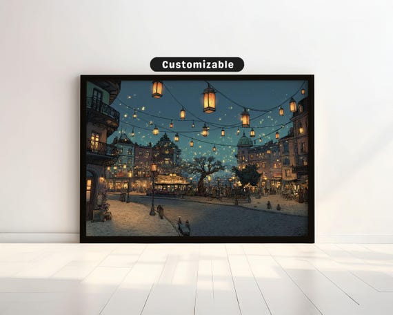 Hanging Lanterns Swaying Over Town Square At Dusk Japanese Wall Art Print Zen Asian Decor