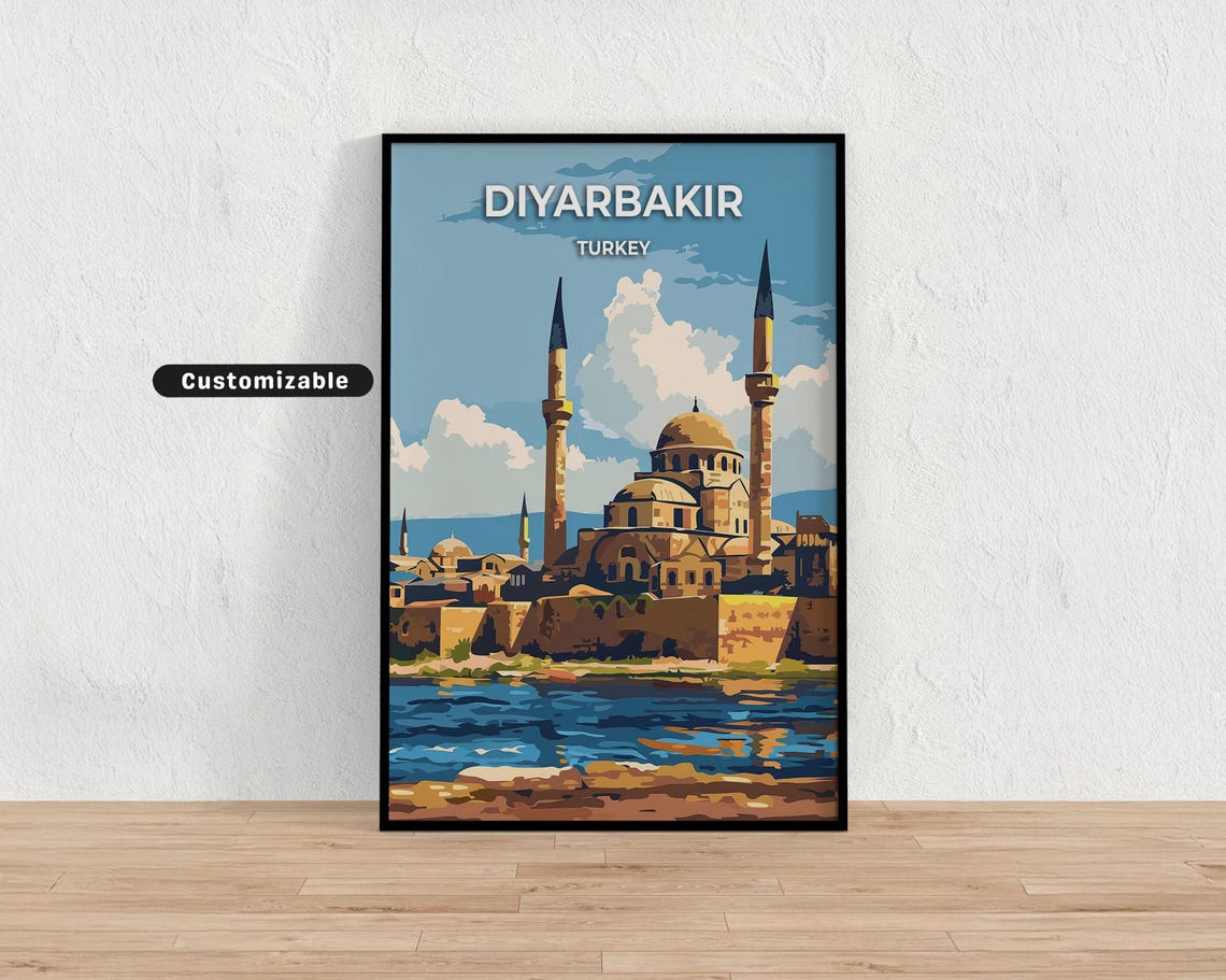 Diyarbakir Turkey Riverside Mosque Travel Poster Minarets Scene