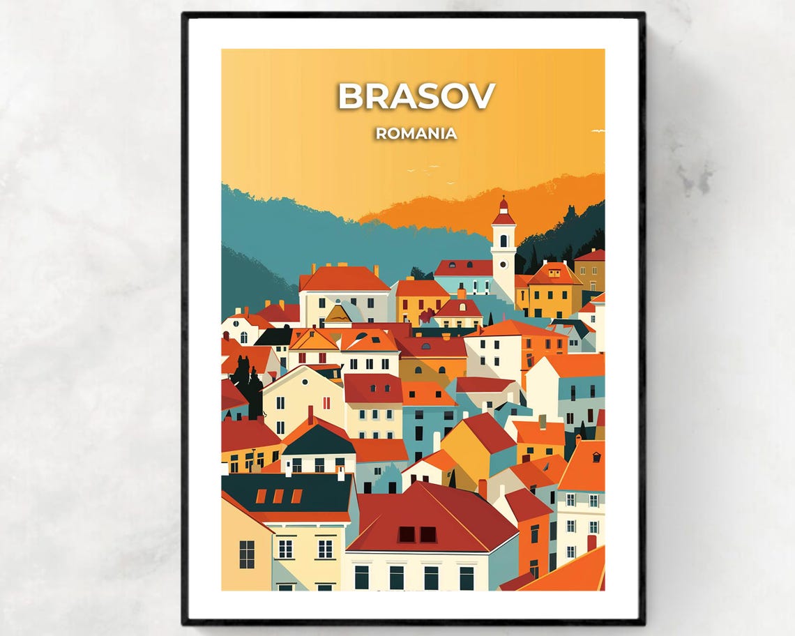 Brasov Romania Old Town Rooftops Sunset Illustration Travel Poster